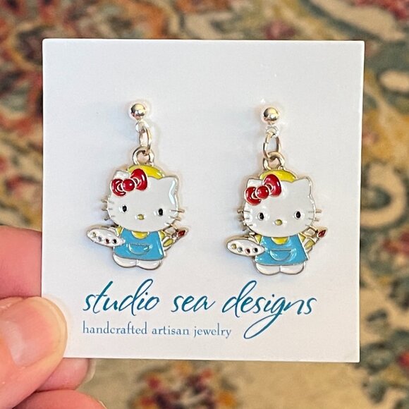 Hello Kitty Sterling Silver Earrings-Painter Hello Kitty Earrings-New! - Picture 1 of 1